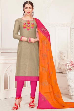 Ultimate Grey Silk Embroidered Casual Salwar Suit With Net Dupatta