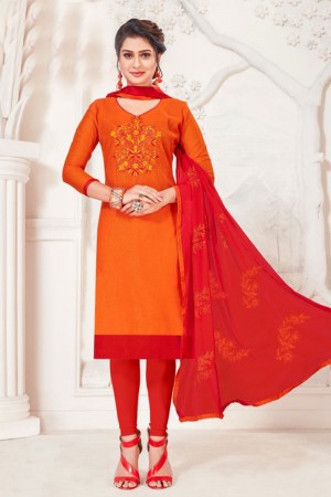 Pretty Orange Silk Embroidered Casual Salwar Suit With Net Dupatta