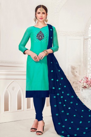Stylish Turquoise Designer Embroidered Casual Salwar Suit With Net Dupatta