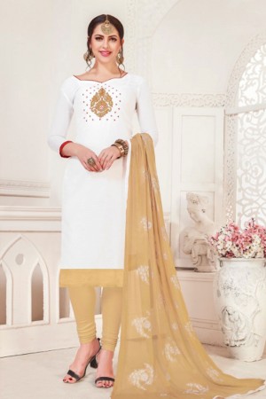 Charming White Silk Designer Embroidered Casual Salwar Suit With Net Dupatta