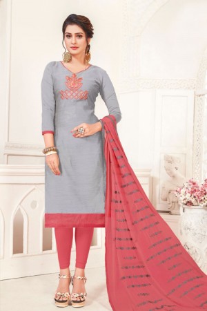 Graceful Grey Silk Embroidered Casual Salwar Suit With Net Dupatta