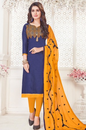 Gorgeous Navy Blue Cotton Embroidered Casual Salwar Suit With Nazmin Dupatta