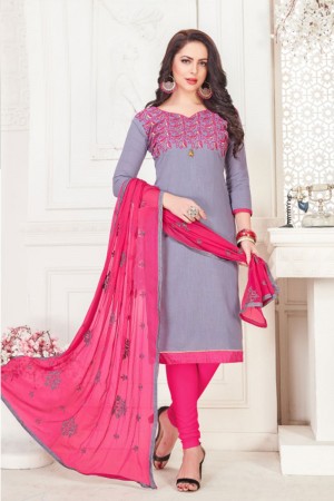 Lovely Grey Cotton Embroidered Casual Salwar Suit With Nazmin Dupatta