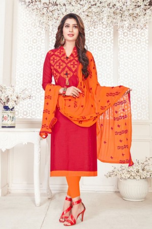 Admirable Red Cotton Embroidered Casual Salwar Suit With Nazmin Dupatta