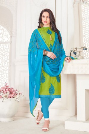 Desirable Green Cotton Embroidered Casual Salwar Suit With Nazmin Dupatta