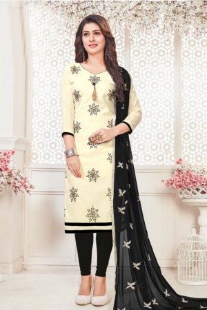 Graceful Off White Cotton Embroidered Casual Salwar Suit