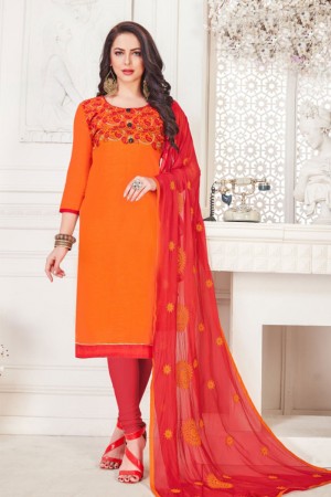 Ultimate Orange Embroidered Casual Salwar Suit With Nazmin Dupatta