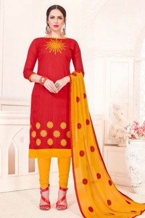 Charming Red Cotton Embroidered Casual Salwar Suit With Nazmin Dupatta