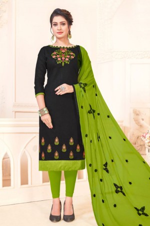 Supreme Black Cotton Embroidered Casual Salwar Suit With Nazmin Dupatta