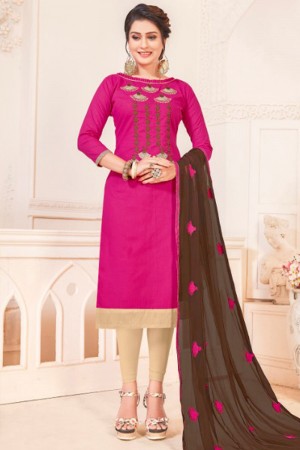Beautiful Magenta Cotton Embroidered Casual Salwar Suit With Nazmin Dupatta