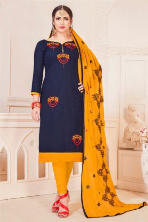 Graceful Navy Blue Cotton Embroidered Casual Salwar Suit With Nazmin Dupatta