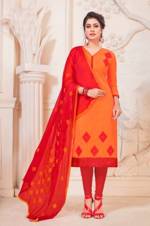 Optimum Orange Cotton Embroidered Casual Salwar Suit With Grey Nazmin Dupatta