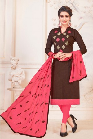Desirable Coffee Cotton Embroidered Casual Salwar Suit With Nazmin Dupatta