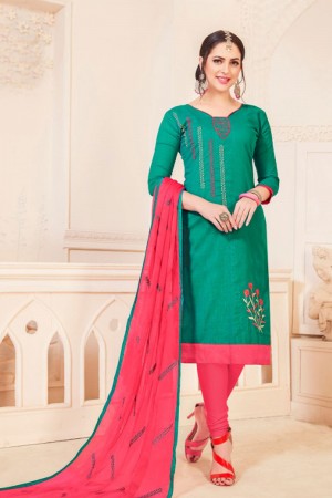 Gorgeous Teal Cotton Embroidered Casual Salwar Suit With Nazmin Dupatta