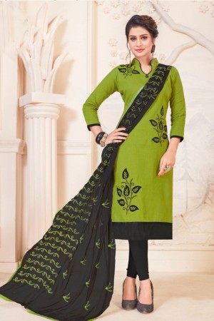 Pretty Green Cotton Embroidered Casual Salwar Suit With Nazmin Dupatta