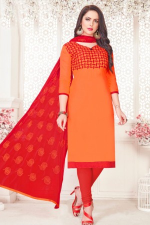 Pretty Orange Cotton Embroidered Casual Salwar Suit With Nazmin Dupatta