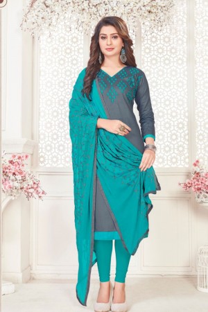 Lovely Grey Cotton Embroidered Casual Salwar Suit