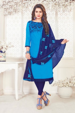 Gorgeous Sky Blue Cotton Embroidered Casual Salwar Suit With Nazmin Dupatta