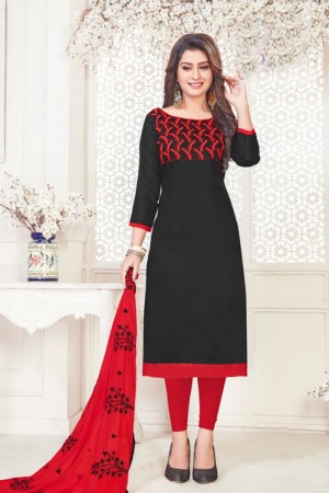 Charming Black Cotton Embroidered Casual Salwar Suit