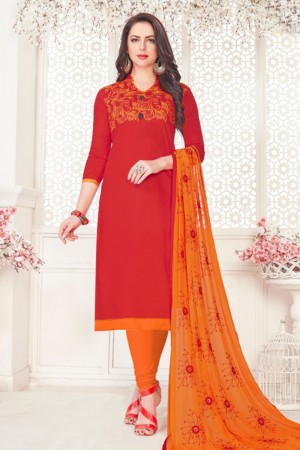 Graceful Red Cotton Embroidered Casual Salwar Suit With Nazmin Dupatta