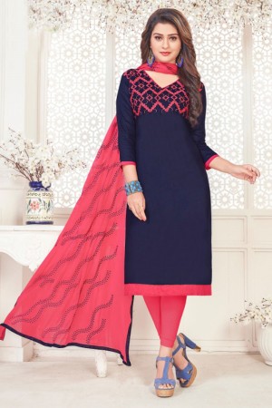 Stylish Navy Blue Cotton Embroidered Casual Salwar Suit With Nazmin Dupatta