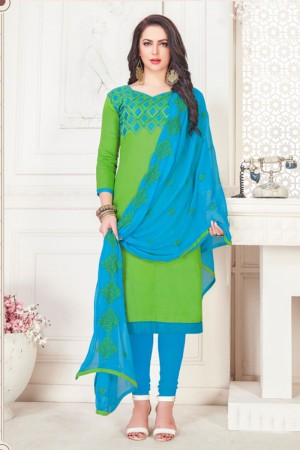 Beautiful Green Cotton Embroidered Casual Salwar Suit With Nazmin Dupatta