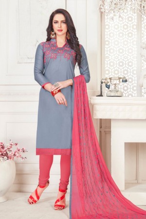 Ultimate Grey Cotton Embroidered Casual Salwar Suit With Nazmin Dupatta