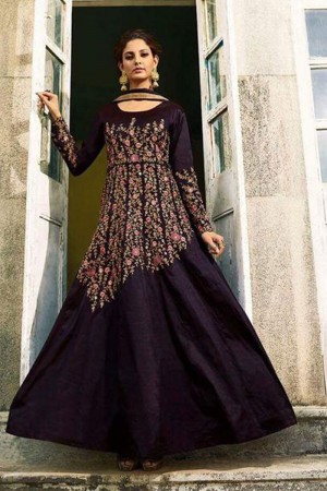 Ultimate Violet Art Silk Embroidered Designer Anarkali Salwar Suit With Chiffon Dupatta