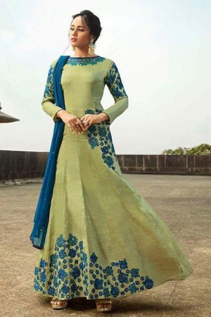 Graceful Green Art Silk Embroidered Designer Anarkali Salwar Suit With Chiffon Dupatta