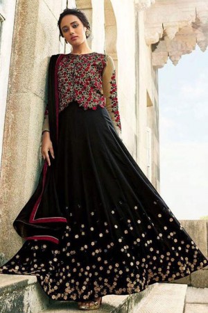 Gorgeous Black Art Silk Embroidered Designer Anarkali Salwar Suit