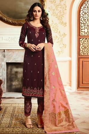 Classic Coffee Silk Embroidered Designer Salwar Suit With Straight Pant Bottom
