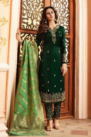 Gorgeous Green Silk Embroidered Designer Salwar Suit With Straight Pant Bottom
