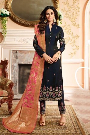 Beautiful Black Silk Embroidered Designer Salwar Suit With Straight Pant Bottom