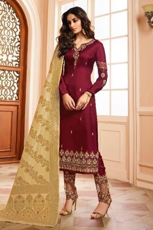 Lovely Maroon Silk Embroidered Designer Salwar Suit With Straight Pant Bottom
