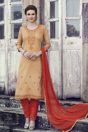 Desirable Cream Cotton Embroidered Casual Salwar Suit With Nazmin Dupatta