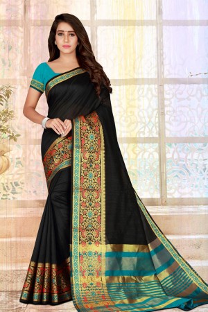 Excellent Black Cotton Silk Jaquard Work Silk Saree With Cotton Silk Blouse