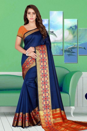 Ultimate Navy Blue Cotton Silk Jaquard Work Silk Saree With Cotton Silk Blouse