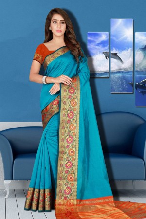 Desirable Sky Blue Cotton Silk Jaquard Work Silk Saree With Cotton Silk Blouse