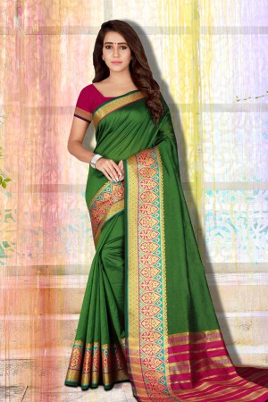 Gorgeous Green Cotton Silk Jaquard Work Silk Saree With Cotton Silk Blouse