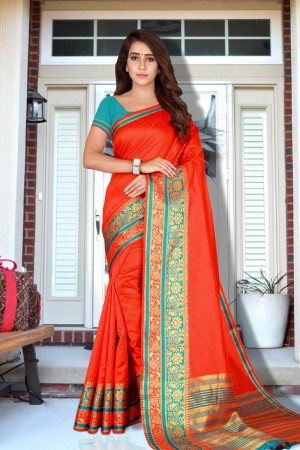 Lovely Orange Cotton Silk Jaquard Work Silk Saree With Cotton Silk Blouse