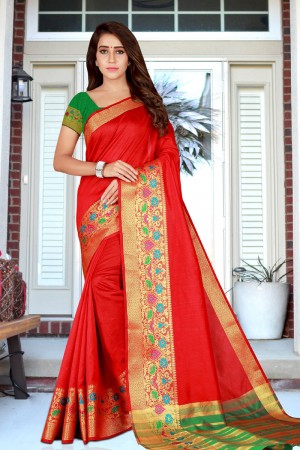 Charming Red Cotton Silk Jaquard Work Silk Saree With Cotton Silk Blouse