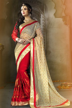 Optimum Red and Beige Georgette Embroidered Party Wear Saree With Dhupion Blouse