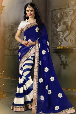 Classic Navy Blue Georgette Embroidered Party Wear Saree With Dhupion Blouse
