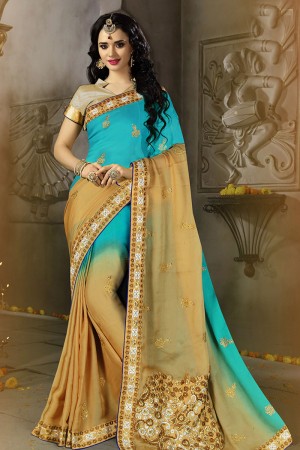 Pretty Beige and Sky Blue Silk Embroidered Party Wear Saree With Dhupion Blouse