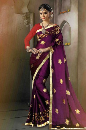 Excellent Purple Silk and Satin Embroidered Party Wear Saree With Dhupion Blouse