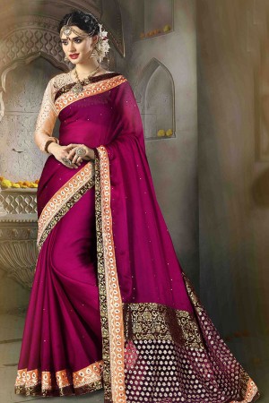 Admirable Purple Satin and Chiffon Embroidered Party Wear Saree With Dhupion Blouse