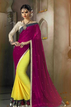 Gorgeous Purple and Yellow Satin Embroidered Party Wear Saree With Dhupion Blouse