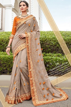 Admirable Brown Art Silk Embroidered Silk Saree With Art Silk Blouse