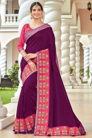 Beautiful Purple Art Silk Embroidered Silk Saree With Art Silk Blouse