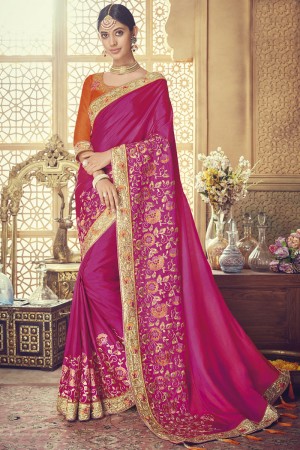 Pretty Magenta Silk Embroidered Saree With Banglori Silk Blouse